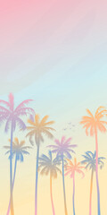 Fototapeta na wymiar Colorful palm trees with surrealistic sky background vertical vector illustration. Summer traveling and party at the beach paetel colors concept flat design with blank space.