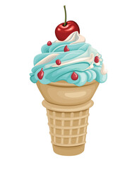 Ice Cream Cone Blue Cream Cherry Sweet Food Cold Drink Vector Illustration
