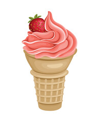 Ice Cream Cone Strawberry Sweet Food Cold Drink Vector Illustration