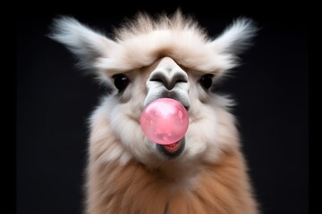 fluffy adorable lama blowing bubblegum front portrait