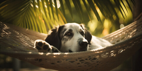 Dog relaxing in hammock under tropical palm trea leaves. Generative AI illustration