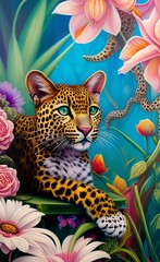 cute leopard in the flowers 