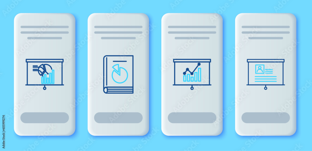 Poster set line user manual, board with graph chart, and resume icon. vector