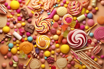 Fototapeta na wymiar Food concept. Various colorful candies and sweets background with copy space. Generative AI