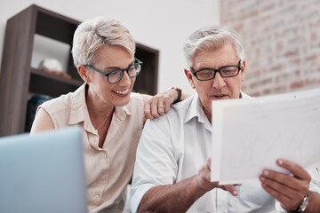 Senior couple, laptop and document for financial planning, savings and taxes in home. Retirement, paperwork and happy man and woman with invoice, pension or insurance, finance and asset management.