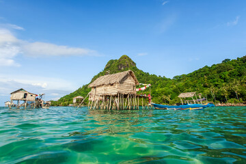 Beautiful landscapes view borneo sea gypsy water village in Bodgaya Mabul Island, Semporna Sabah, Malaysia.