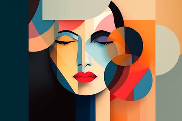 Beauty, fine art, fashion concept. Abstract modern art collage of woman portrait made of various and colorful geometric shapes. Generative AI