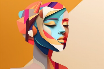 Beauty, fine art, fashion concept. Abstract modern art collage of woman portrait made of various and colorful geometric shapes. Generative AI