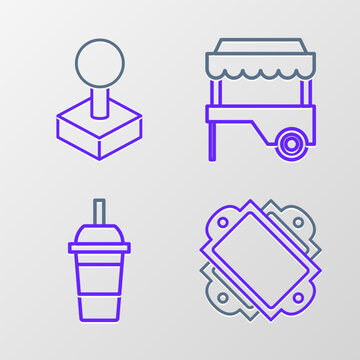 Set line Ticket, Paper glass with drinking straw and water, Fast street food cart awning and Joystick for arcade machine icon. Vector