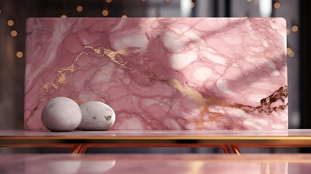 Modern and minimalist pink marble walll with golden details, background for products, backdrop. Generative AI