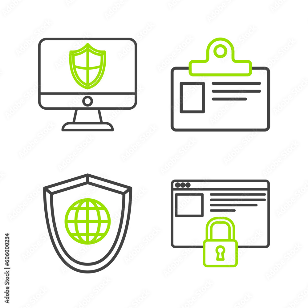 Poster set line secure your site with https, ssl, shield world globe, identification badge and computer mon