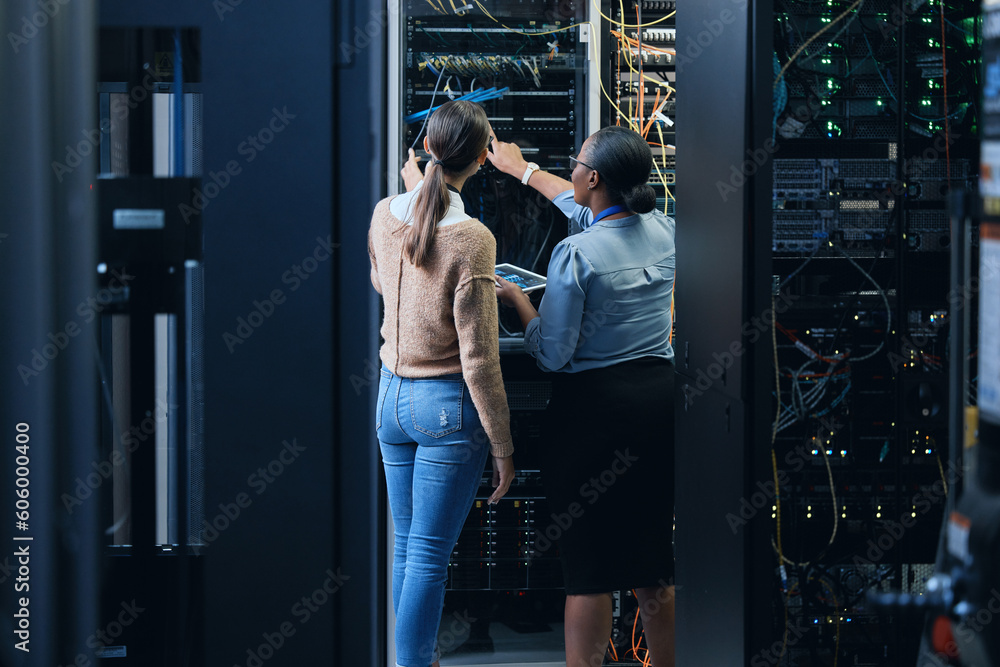 Poster Server room, engineer and women team with tablet for programming, cybersecurity or cable maintenance. Female technicians together in datacenter for network, software or system upgrade with technology