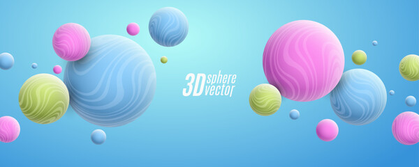 Dynamic 3d spheres textured with curly lines pattern. Abstract volumetric colorful bubbles on light blue background. Modern trendy banner design. Vector illustration.