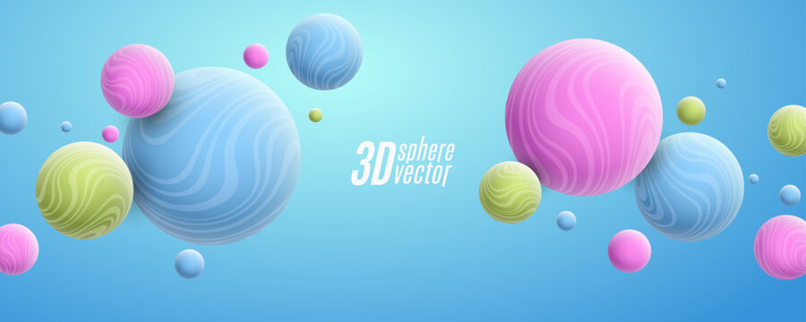 Dynamic 3d spheres textured with curly lines pattern. Abstract volumetric colorful bubbles on light blue background. Modern trendy banner design. Vector illustration.