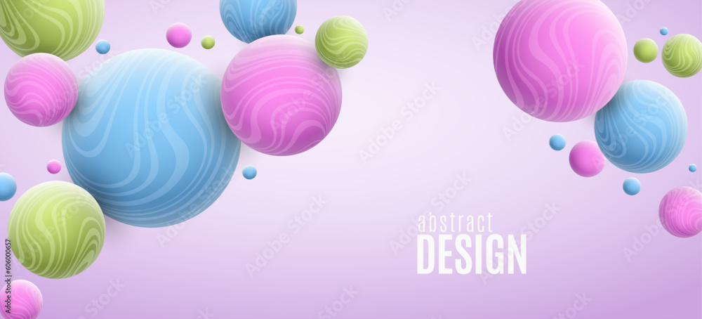 Poster abstract background with dynamic 3d spheres textured with striped pattern. volumetric colorful bubbl