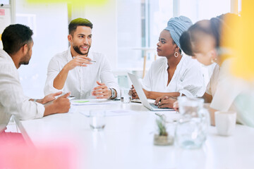Fototapeta premium Talking, meeting and business people teamwork, brainstorming or manager discussion, ideas and group listening. Speaking, collaboration and diversity team, men and women with creative plan for project