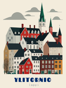 Ylitornio: Beautiful vintage-styled poster of with a city and the name Ylitornio in Lappi