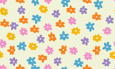 Trendy floral seamless pattern. Set of vintage 70s style flower background illustration. Colorful pastel color groovy artwork bundle, y2k nature backgrounds with spring plants.