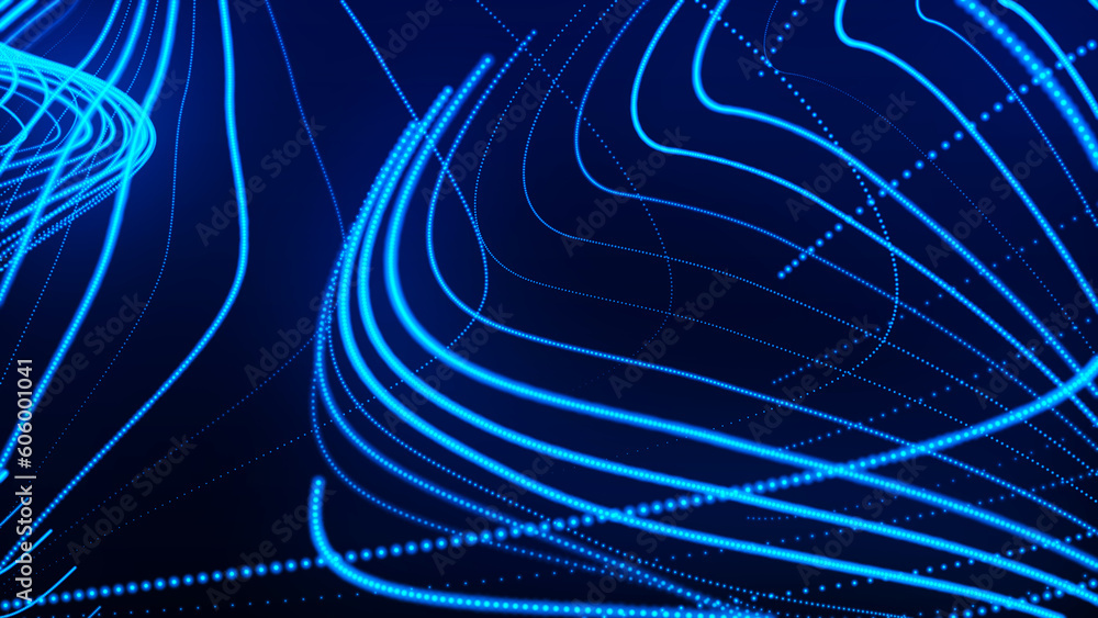 Poster dynamic wave of glowing particles. data flow information. concept of digital communication. technolo
