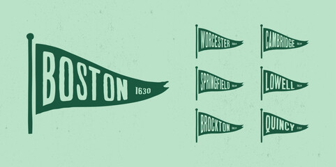 Set flag graphic. Old vintage trendy flag with city of Massachusetts state. Vintage banner with ribbon flag. © Дмитрий Сальников