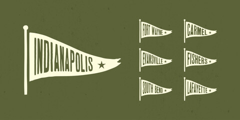 Set flag graphic. Old vintage trendy flag with city of Indiana state. Vintage banner with ribbon flag. - obrazy, fototapety, plakaty