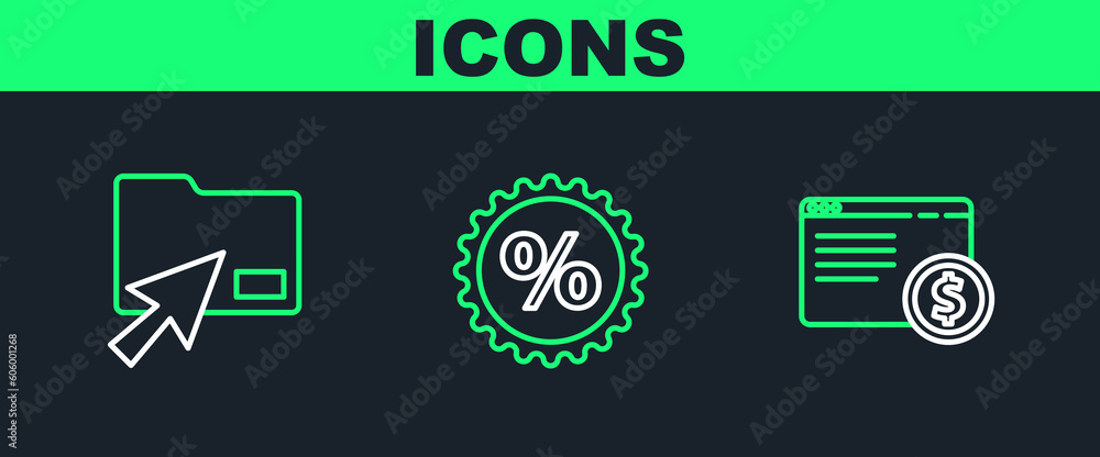 Poster set line online shopping on screen, cursor click document folder and discount percent tag icon. vect