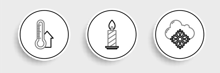 Set line Cloud with snow, Meteorology thermometer measuring and Burning candle candlestick icon. Vector