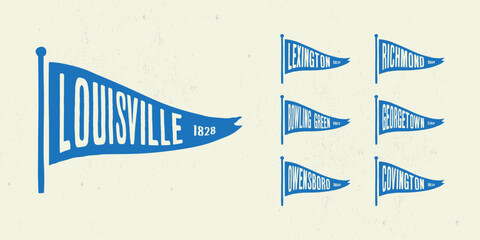 Set flag graphic. Old vintage trendy flag with city of Kentucky state. Vintage banner with ribbon flag.