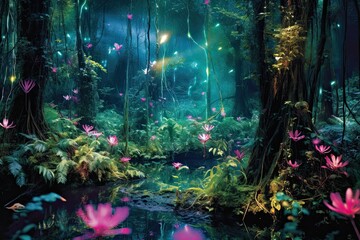 Fototapeta premium Nighttime Euphoria: Embrace the Enchanting Bioluminescent Forest