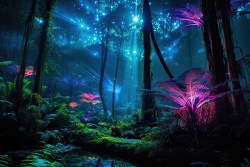 Fototapeta na wymiar Journey to Radiant Bliss: Unraveling the Bioluminescent Forest's Beauty