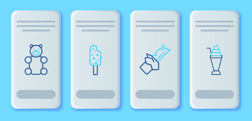 Set line Ice cream, Bitten chocolate bar, Jelly bear candy and Milkshake icon. Vector