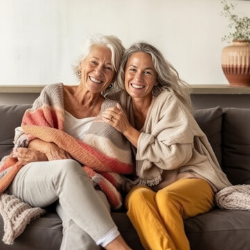 Portrait of an elderly couple in a cozy home hug, radiating joy. Lifetime friends smiling