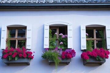 Picturesque Floral Window Displays in Traditional Mountain Homes. Generative AI.