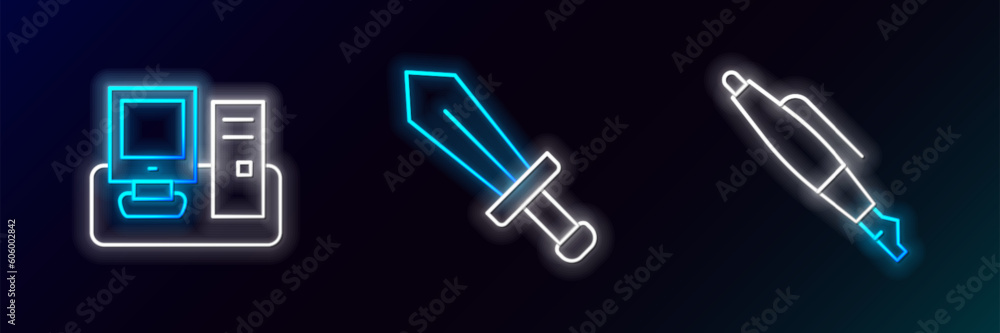 Poster set line fountain pen nib, monitor with keyboard and sword for game icon. glowing neon. vector