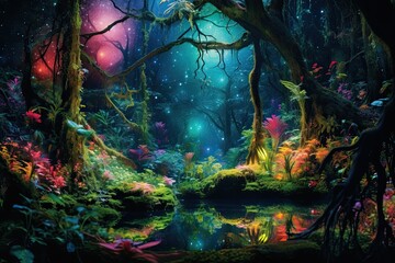 Fototapeta na wymiar Iridescent Dreamscape: Immerse Yourself in the Bioluminescent Forest