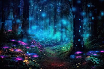 Nighttime Reverie: Enveloped by the Bioluminescent Forest's Glow