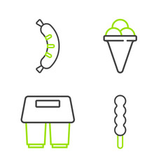 Set line Lollipop, Coffee cup to go, Ice cream in waffle cone and Hotdog icon. Vector