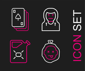 Set line Murder, Canister fuel, Thief mask and Playing cards icon. Vector