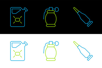 Set line Bullet, Canister fuel and Hand grenade icon. Vector