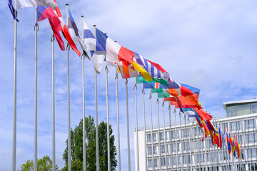 Fototapeta na wymiar Strasbourg, France, many national flags in front of building of international organization Council of Europe, concept of standards of law, human rights and cultural interaction