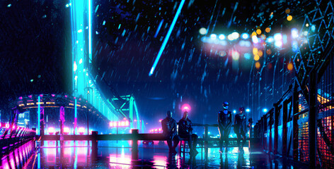 Cyberpunk Futuristic City Bridge View under Rainy with Blurry Neon Lighting and Bokeh Lights, Generative AI Based Artwork