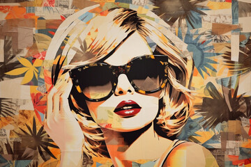 Fototapeta na wymiar Stylish retro poster with beautiful young lady wearing sunglasses on summer background with newspapers, magazines and palm trees. Fashion pop art woman portrait illustration and collage. Generative AI