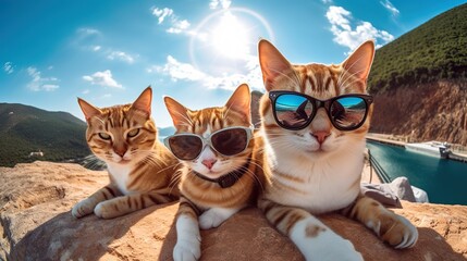 A group of cats taking a selfie next to a lake made with Ai generative technology