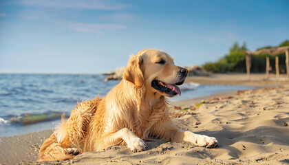 Golden Retriever dog is on a summer vacation at a seaside resort and rests relaxing on the beach