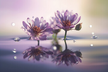 Fototapeta na wymiar Three purple flowers floating on soft sparkling water reflections, generative ai