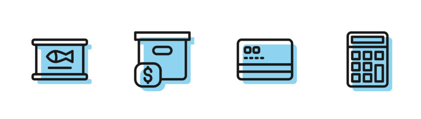 Set line Credit card, Canned fish, Carton cardboard box with price and Calculator icon. Vector