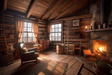 Fototapeta na wymiar Rustic cabin-inspired room with window, cozy fireplace and log cabin walls. Generative AI.