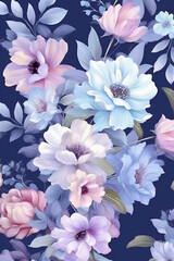 An image of blue and white flowers on blue background, in the style of light purple and light magenta. AI generative