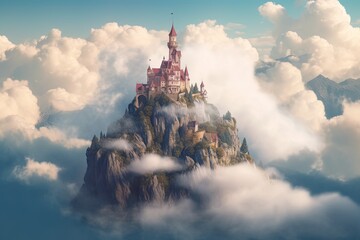 Fototapeta premium Great castle. Beautiful Fairytale castle on mountain surrounded by cloud. Generative AI.