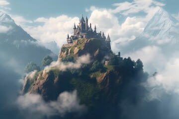 Great castle. Beautiful Fairytale castle on mountain surrounded by cloud. Generative AI.